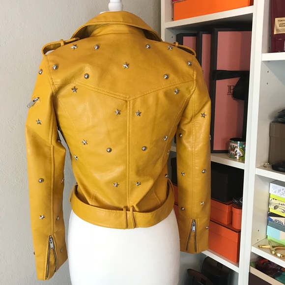 Star Studded Biker Moto Jacket Jaune Vegan Leather - Picture 2 of 8